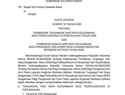 Pemprov Sulbar Terbitkan Surat Edaran Pemberian THR dan BHR, Pemkab Di Minta Bentuk Posko Satgas